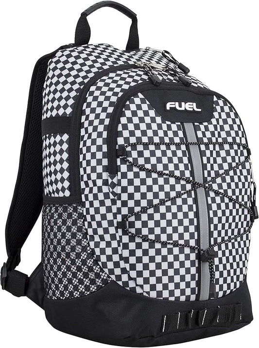 FUEL Hiking Checkered Black White Backpack for Women Men Terra Sport, Travel, College, Gym, Work with Laptop Sleeve, Bungee, 18 Inches