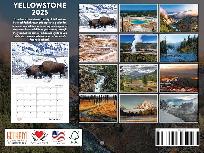 Yellowstone Calendar 2025 National Park Monthly Wall Calender Montana Nature 12 Month | American Made In The USA