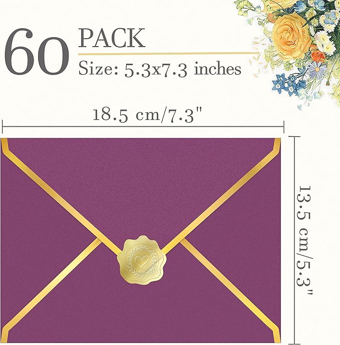 60 Pack Gold Envelopes 5x7 Bulk Wine, 250G Pearled Cardstock A7 Envelopes for Invitations Business Mailing Envelope with Gold Foil Border, A6 4x6 Envelopes for Wedding Baby Shower Cards