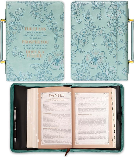 Christian Art Gifts Faux Leather Fashion Bible Cover: I Know The Plans I Have for You - Jeremiah 29:11 Inspirational Bible Verse, Debossed Floral Teal Design, Large