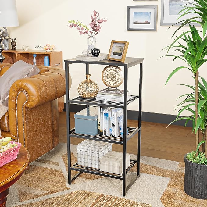 Printer Stand Holder 4 Tier - Heavy Duty Metal Shelving Unit for Printer Shelf Office Organizer, Industrial Printer Side Table with Wood Desk for Scanner Fax Machine, Black