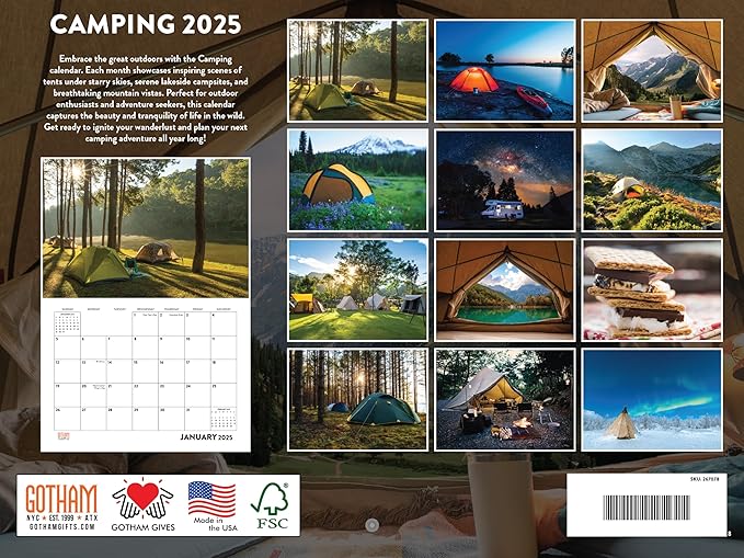 Camping Calendar 2025 Outdoors Nature Monthly Wall Calender 12 Month | American Made In The USA