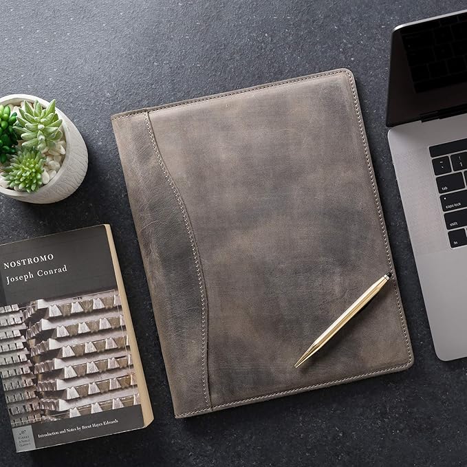 PEGAI Handmade 100% Leather Padfolio, Legal Pad Organizer for Business School Office Conference, Heavy Duty Full Grain Cow Hide Resume Interview Folio, Amazing Gift Idea | Marshall (Rock Gray)