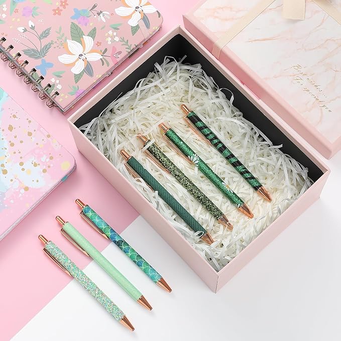 Mr. Pen- Fancy Pens for Women, Emerald Enchantment, 7 Black Ink Ballpoint Pens with 10 Refills, 1.0mm, Glitter Cute Pens for Journaling, Sparkly Fancy Pen, Easter Gift