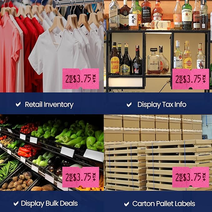 Perco 1 Line Fluorescent Pink Labels - 8 Rolls, 1 Sleeve, 8,000 Blank Price and Date Gun Labels for Perco 1 Line Price and Date Guns - Made in USA