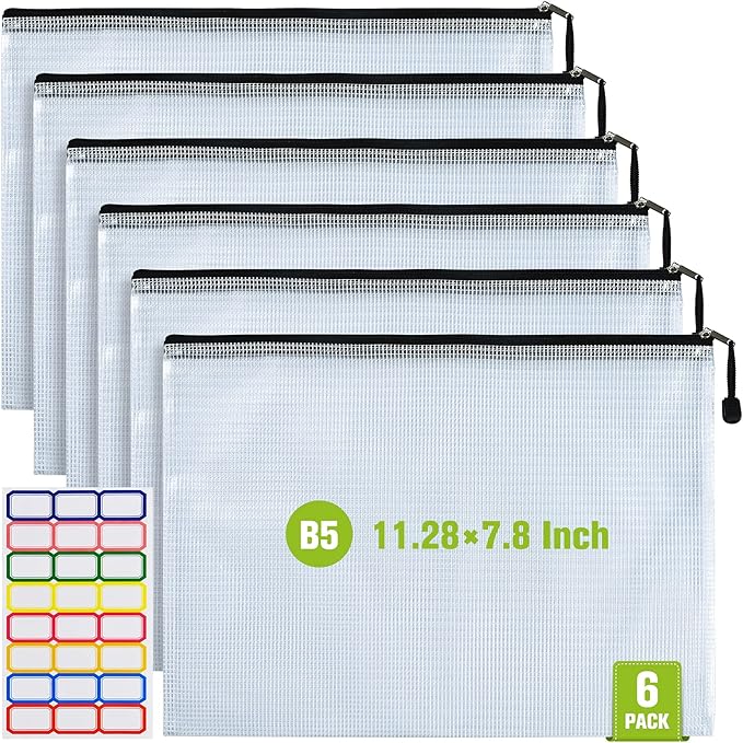 Mesh Zipper Pouch, 6PCS Waterproof Plastic Mesh ZipperBag, B5 Size Tear-Resistant Document Pouch, Extra Large Zip File Bags, for School Office Supplies Home Travel Storage(11.26×7.9 Inch)