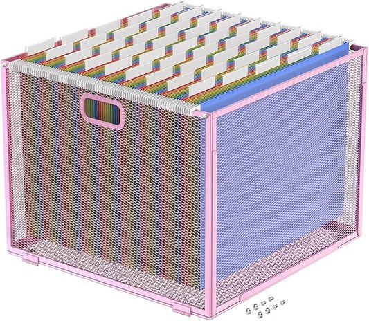 Oterri Hanging File Organizer, Metal File Organizer, Portable Desktop File Organizer for Letter Size Folder, Mesh Hanging File Crate for Office,Folders Not Included(Fairy Pink-Large,1 Pack)