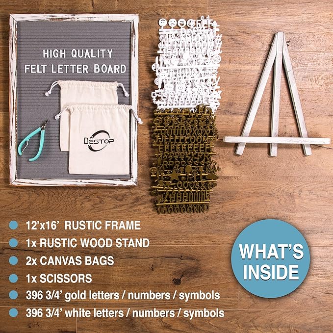 Felt Letter Board with Rustic Vintage Frame and Stand 12x16 inch,Grey Changeable Letter and Message Board Includes 792 Letters, Numbers and Symbols, Hook to Hang, 2 Canvas Bags