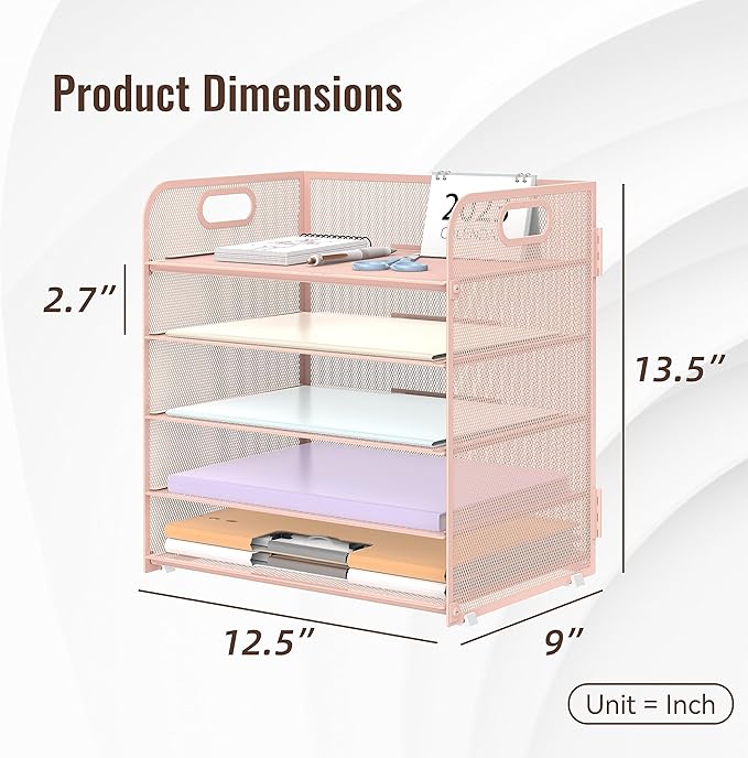 2 Pack 5-Tier Pink Desk Organizer with Handle Mesh Desk File/Paper Organizer Letter Tray for Office, School and Home Easy Installation