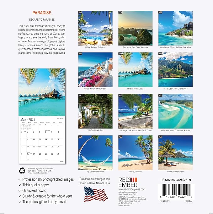 RED EMBER Paradise 2025 Wall Calendar 12 Month | 12" x 24" Open | Thick & Sturdy Paper | Giftable | Calendar 2025