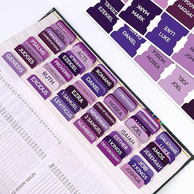 Purple Bible Tabs, 90 Large Print Bible Index Tabs for Study Bible, Laminated Easy-to-Read Label, Christian Gift for Women, Men, Kids