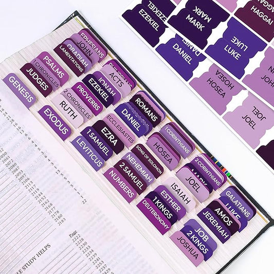 Purple Bible Tabs, 90 Large Print Bible Index Tabs for Study Bible, Laminated Easy-to-Read Label, Christian Gift for Women, Men, Kids