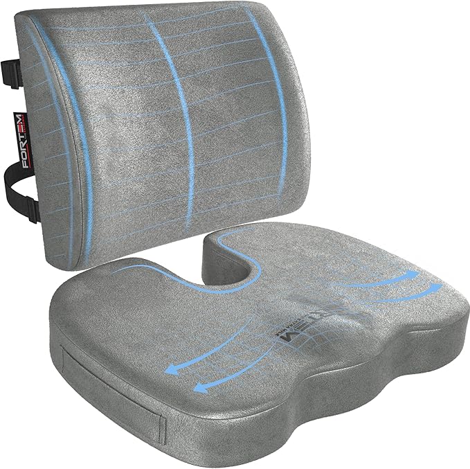 FORTEM Seat Cushion and Lumbar Support for Office Chair, Desk Chair Cushion, Memory Foam Office Chair Cushion, Non Slip Sitting and Back Pillow for Gaming, Car Seat Cushion, Chair Pad