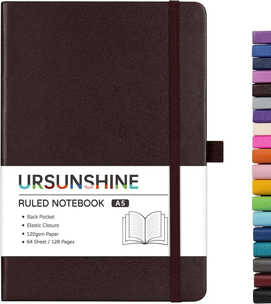 Ruled Notebook/Journal - Classic Lined Journal/Notebook, 5.3'' x 8.26'', Hardcover with Thick Paper, Banded + Pen Holder +Inner Pocket - Brown