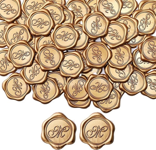 Yoption Initial M Wax Seal Stickers, 100 Pack Gold Self Adhesive Letter Envelope Seal Stickers for Wedding Party Birthday Christmas (M)