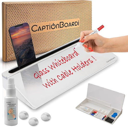 15-Inch Desktop Whiteboard - Glass Dry Erase Board for Desk Whiteboard with Stand with 3 Markers, Spray Bottle, 3 Cable Holders & Storage Box Work from Home Office Gadgets, White