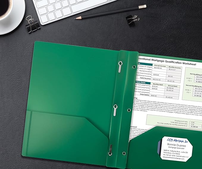 Better Office Products Green Plastic 2 Pocket Folders with Prongs, Heavyweight, Letter Size Poly Folders, 24 Pack, with 3 Metal Prongs Fastener Clips, Green