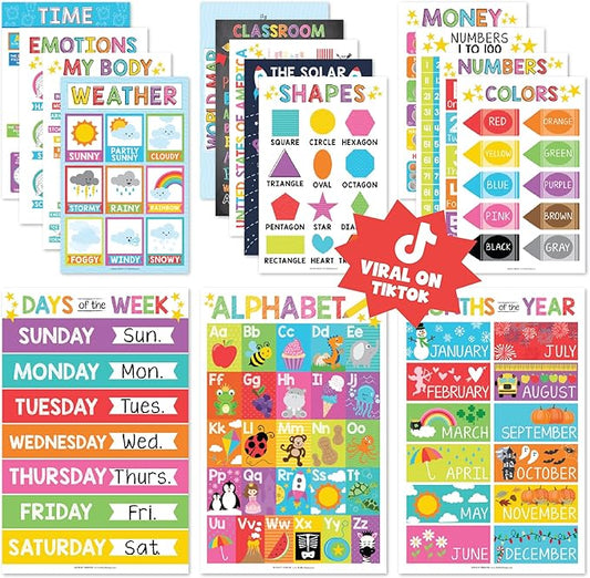 Hadley Designs 16 Educational Posters for Classroom & Kindergarten, Kindergarten Classroom Must Haves, Laminated PreK Learning Chart Materials US & World Map, ABC Alphabet, Shapes, Days of the Week