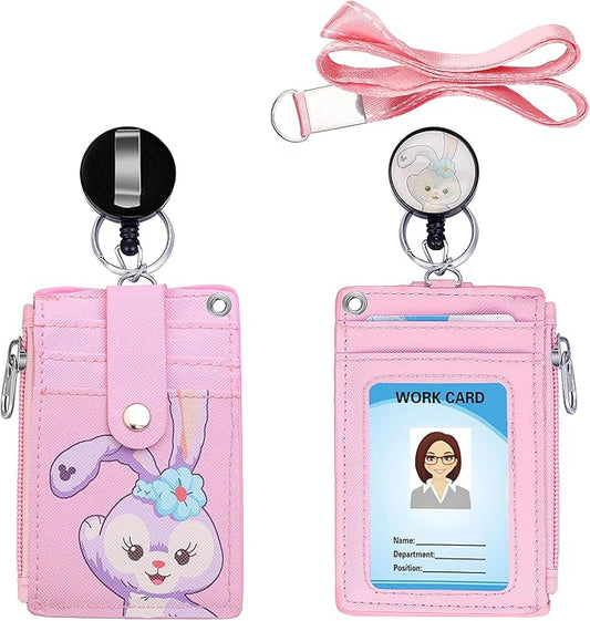 Cute ID Badge Holder Retractable Lanyard Reel Clip with Heavy Duty Carabiner,5 Card Slots in 2 Sided with Key Ring and Zipper for Students Teens Boys Girls Office Staff Women (Purple Rabbit)