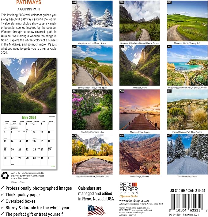 RED EMBER Signature - Pathways 2024 Wall Calendar 12 Month | 12" x 24" Open | Thick & Sturdy Paper | Giftable | Calendar 2024