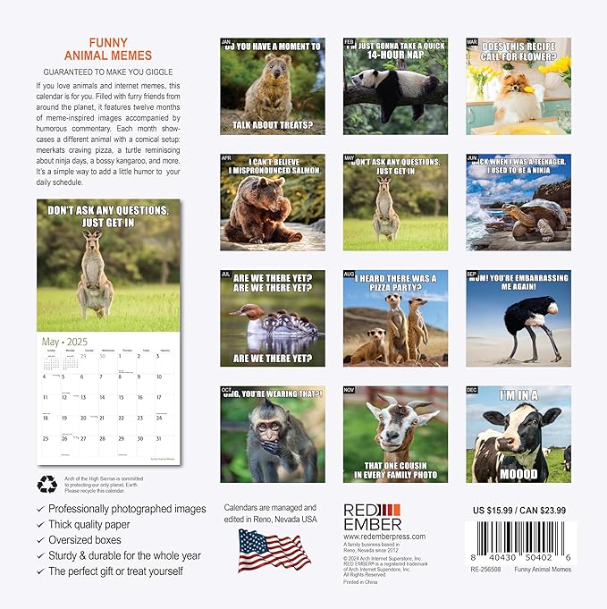 RED EMBER Funny Animal Memes 2025 Wall Calendar 12 Month | 12" x 24" Open | Thick & Sturdy Paper | Giftable | Calendar 2025