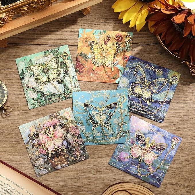 6 Pieces Metal Butterfly Bookmarks with Chain, Golden Hollow Bookmark Monet Van Gogh Oil Painting Theme Book Mark Bookmarks for Book Lovers Writers Readers Children Teens for Women