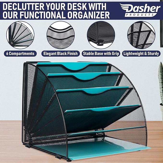 Dasher Products Fan Shaped Office Desk Organizers, 6 Compartments for Storage and Filing of Paper, Bills, Letters, Folders, Binders, Office Supplies. Multi-Functional Desk Organizers and Accessories