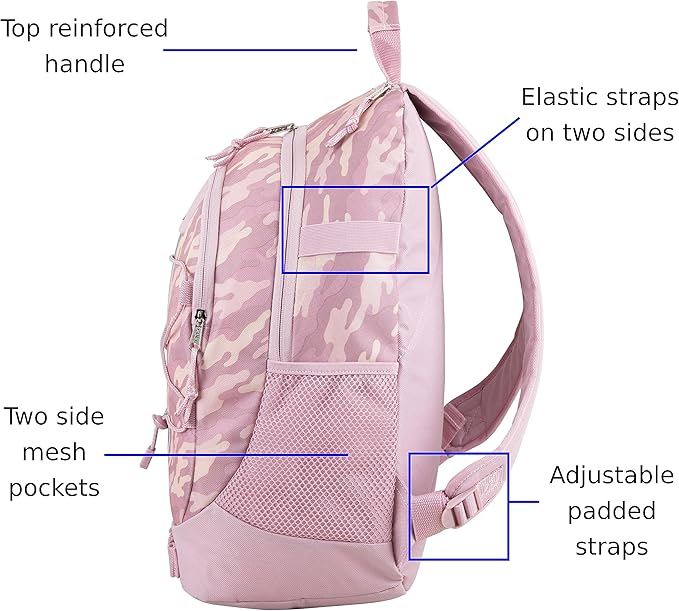 FUEL Hiking Backpack for Women Men Terra Sport, Travel, College, Gym, Work with Laptop Sleeve, Bungee, 18 Inches, Pink Camouflage