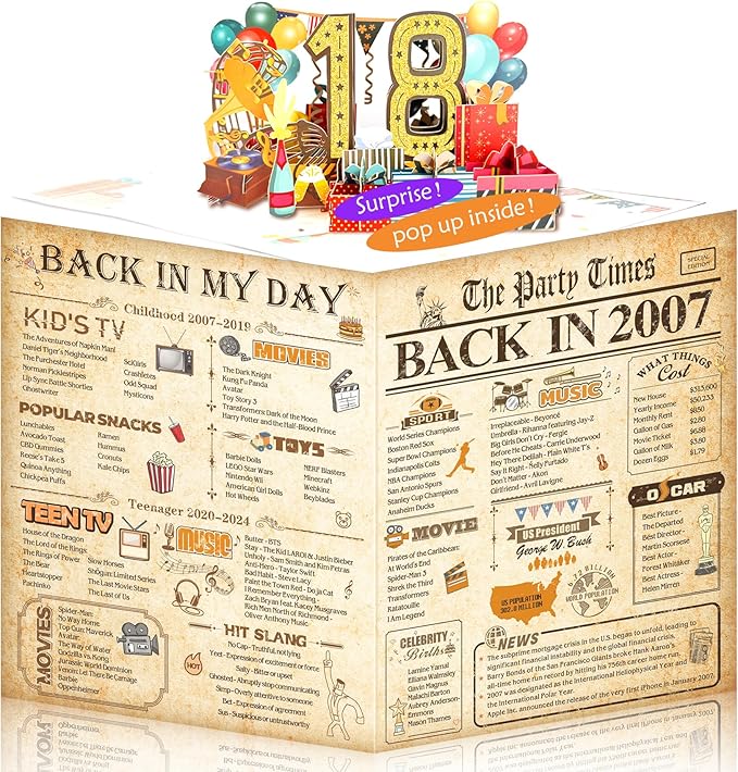 18th Birthday Card for Girls Boys, 3D Pop Up 18th Birthday Gifts Cards, Happy 18 Birthdays Decorations for 18 Year Old Son Daughter, Funny Back In 2007, Classy Vintage