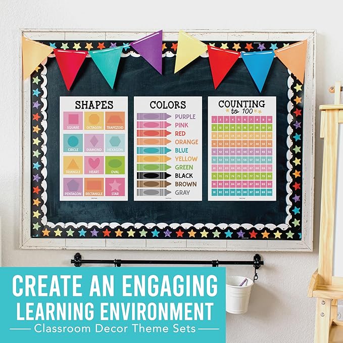 Hadley Designs 16 Educational Posters for Classroom & Kindergarten, Kindergarten Classroom Must Haves, Laminated PreK Learning Chart Materials US & World Map, ABC Alphabet, Shapes, Days of the Week