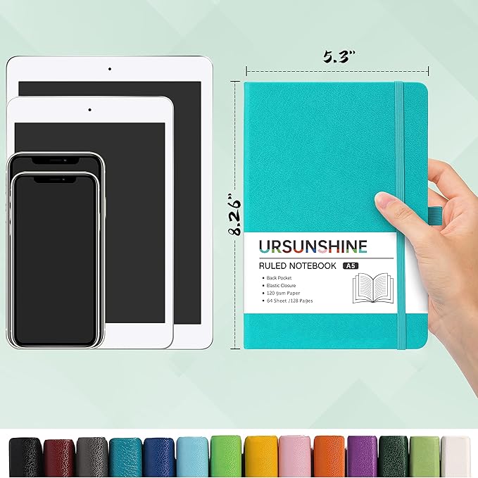 Ruled Notebook/Journal - Classic Lined Journal/Notebook, Hardcover with Thick Paper, 5.3" x 8.26", Banded + Pen Holder +Inner Pocket - Cyan