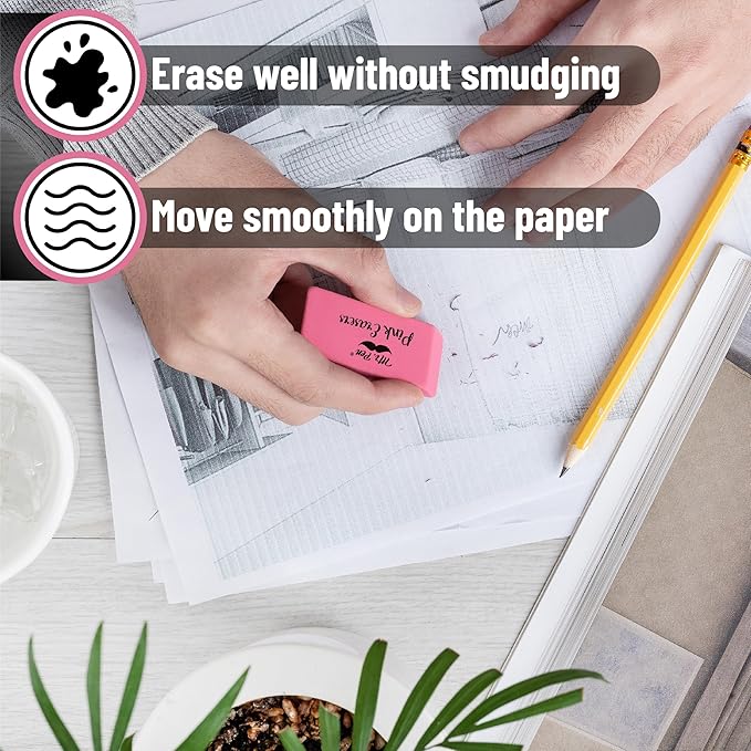 Mr. Pen Pink Pencil Erasers, Large, Pack of 12