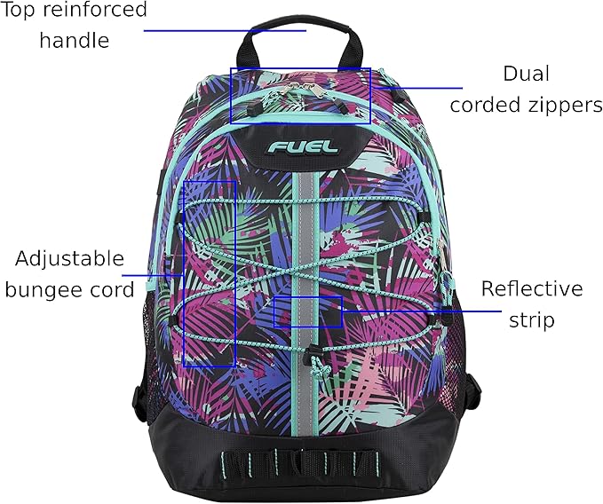 FUEL Hiking Backpack for Women Men Terra Sport, Travel, College, Gym, Work with Laptop Sleeve, Bungee, 18 Inches, Purple Palm Leaves
