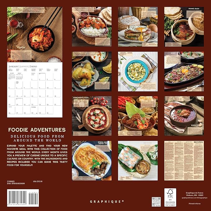 Graphique 2025 Foodie Adventures Wall Calendar | 12” x 12” | Thick Paper | Home & Office Organizer | Large Monthly Grid | 3 Languages & Marked Holidays | 4 Month Preview Page for 2026
