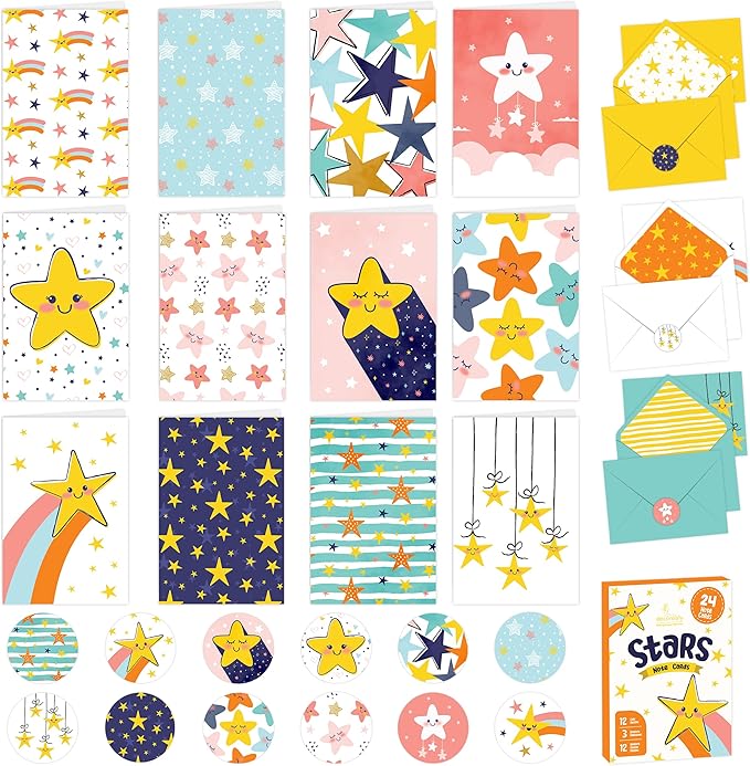 Decorably 24 Pack 4x6in Star Notecards with Envelopes and Stickers, 12 Charming Designs Star Cards, Blank Inside - Kid's Party, Birthday