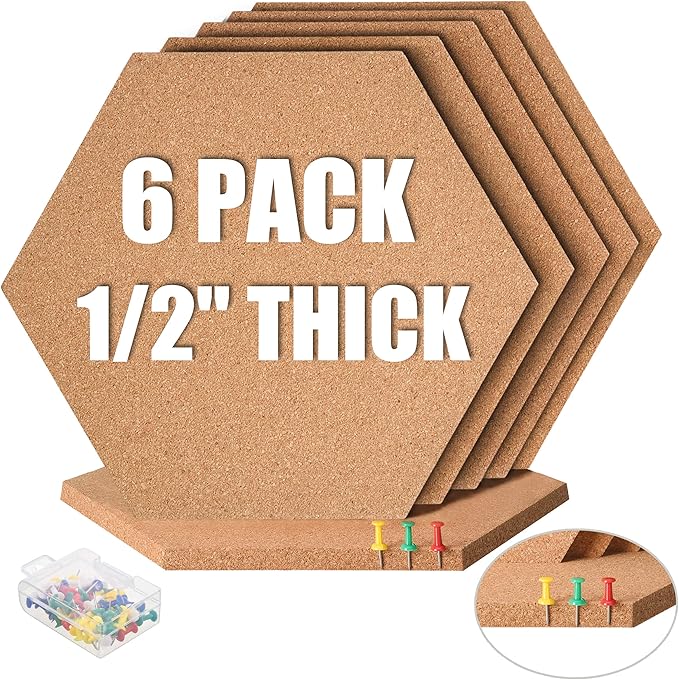 SUNGIFT Hexagon Cork Board Tiles Self Adhesive 6 Pack - 1/2" Thick Corkboards for Wall 12" x 10.2" Memo Boards Pin Board Decorative Bulletin Board for Office Home Kitchen - 50 Multi-Color Push Pins