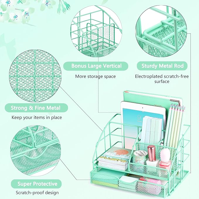 Green Desk Accessories, Office Desk Organizers and Accessories Supplies with Mesh Desk Organizer, Tape Dispenser, Stapler, Staples, Ballpoint Pen, Clips Set, Ruler, Scissor, Sticky Tabs