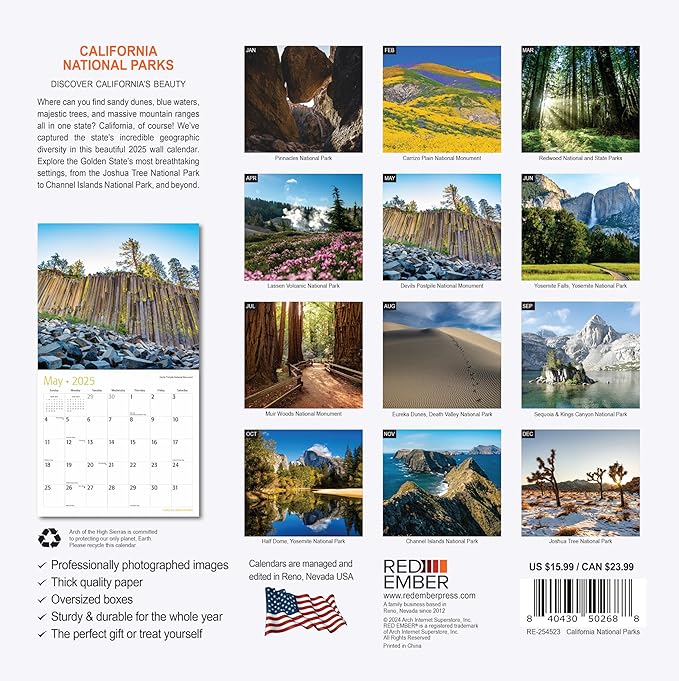 RED EMBER California National Parks 2025 Wall Calendar 12 Month | 12" x 24" Open | Thick & Sturdy Paper | Giftable | Calendar 2025