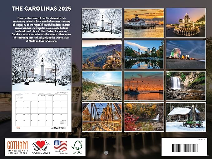 The Carolinas North South Calendar 2025 Monthly Wall Calender 12 Month NC SC | American Made In The USA
