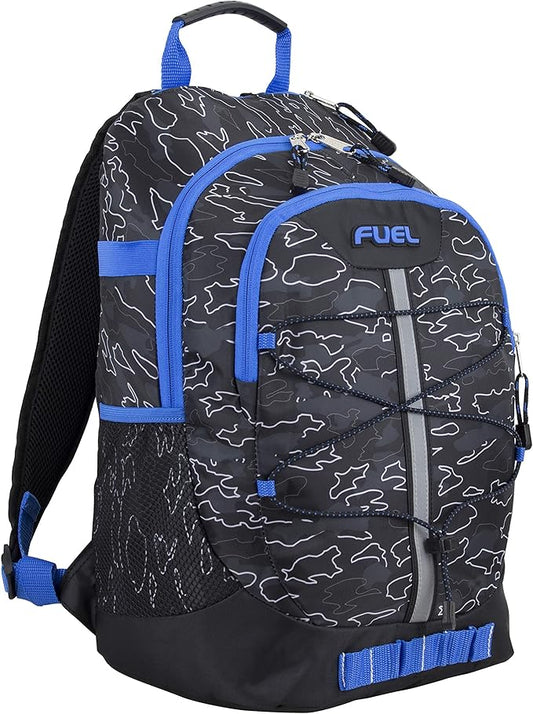 FUEL Hiking Backpack for Women Men Terra Sport, Travel, College, Gym, Work with Laptop Sleeve, Bungee, 18 Inches, Blue Camo