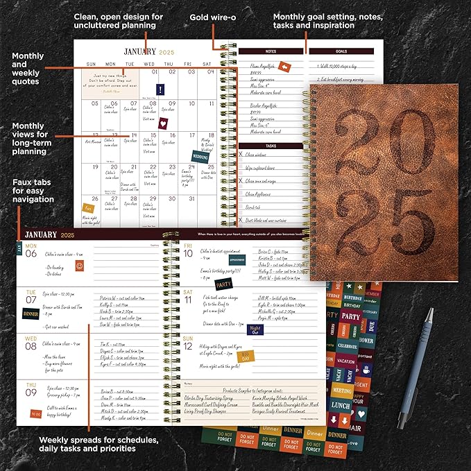 TF PUBLISHING 2025 Aged Leather Medium Weekly Monthly Planner Case of 32 - Goals & Task Trackers - Planner Monthly and Weekly with Organizer Stickers - 12 Month Calendar Planner - 6.5" x 8"