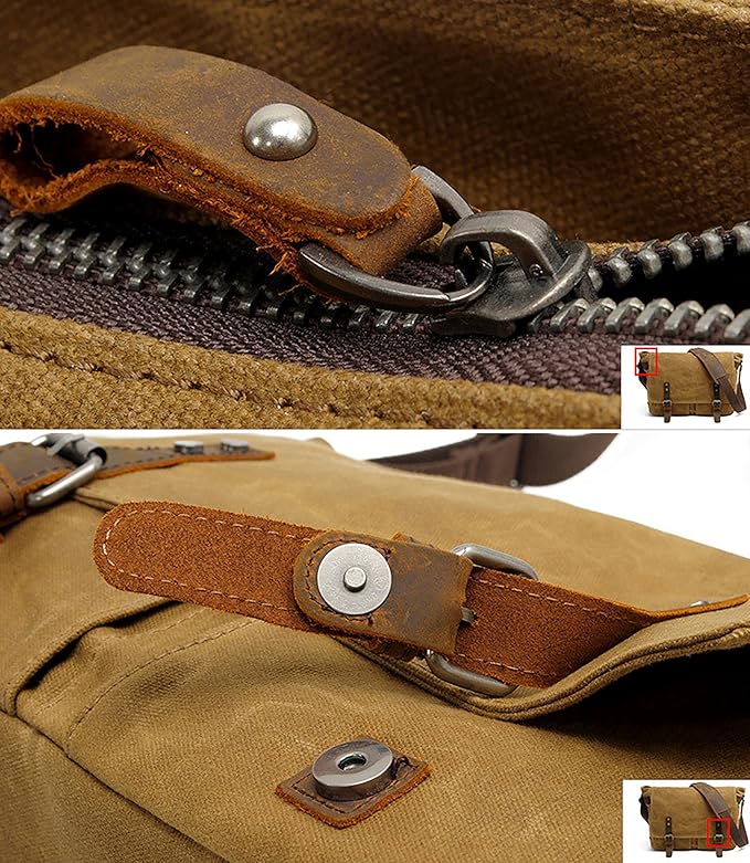 HuaChen Mens Waxed Canvas Messenger Bag Shoulder Satchel Leather Crossbody Bag for Laptop (M49_Khaki)