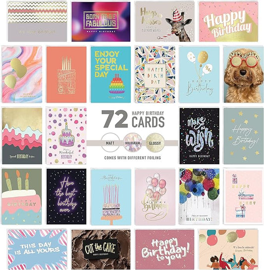 easykart labels 72 Unique Birthday Cards Assortment with Greetings Inside. For Businesses and Individuals, 4 x 5.5 Inch Assorted Foiling Cards with Envelope with Sealing Stickers