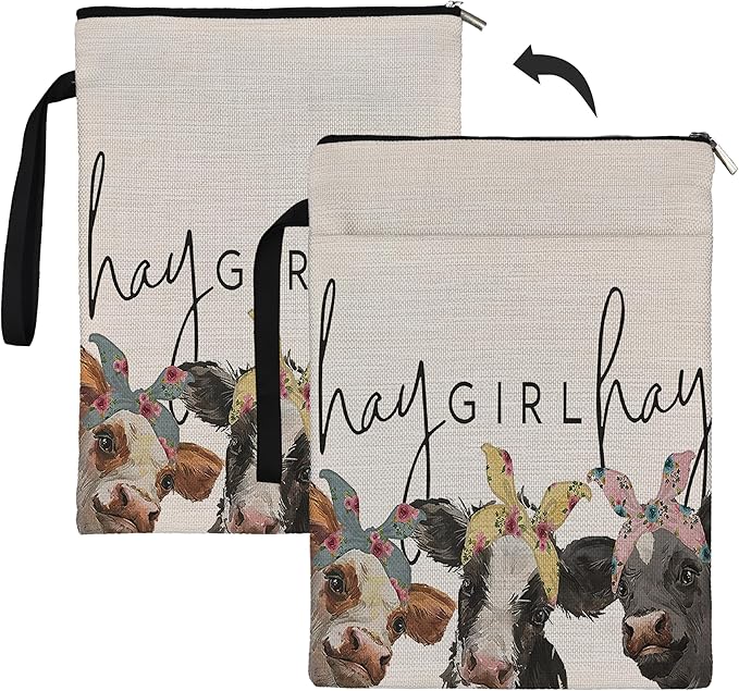 Cow Lover Gifts Book Sleeve,Hay Girl Hay Farm Cow Book Sleeve Book Covers Book Protector Pouch with Zipper,Book Sleeve Gifts for Book Lovers Readers,Book Cover for Paperback 9.4x12.1 Inch