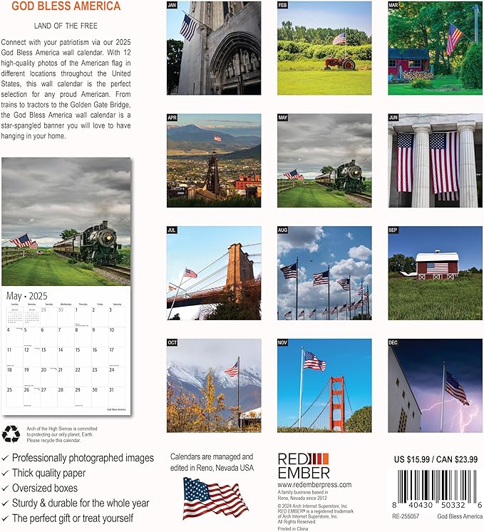 RED EMBER God Bless America 2025 Wall Calendar 12 Month | 12" x 24" Open | Thick & Sturdy Paper | Giftable | Calendar 2025