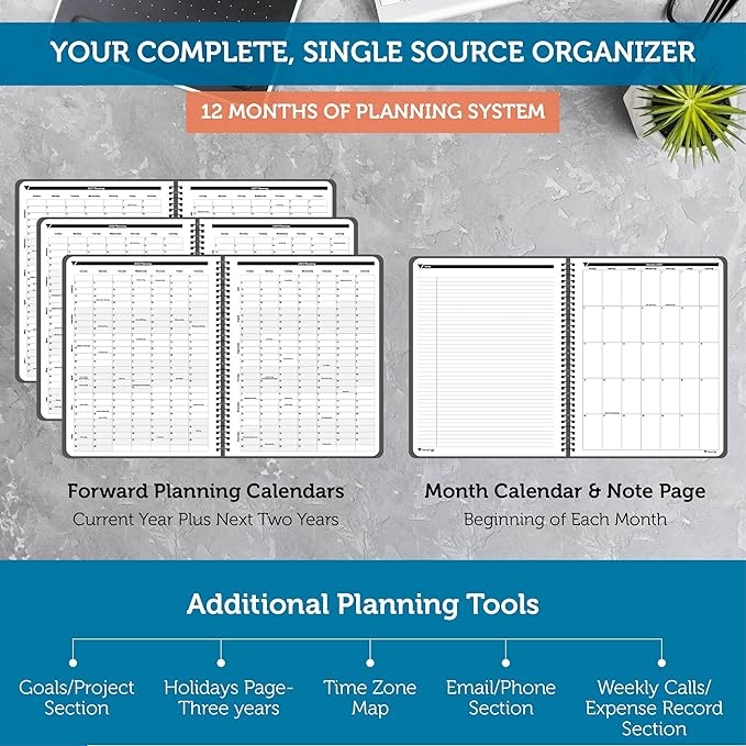 Planner Pad Spiral Bound January-December 2025/ Calendar Year 8 1/2" x 11" Large 3-Tier Funnel Down 12 Month Organizer, Black Cover/Black Ink