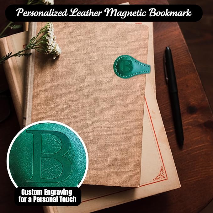 Personalized Leather Magnetic Bookmarks (1 Pack) Vintage Custom Engraved Initial ID Identification Book Marker Clip Gift for Book Lover Avid Readers (Letter B, Green)