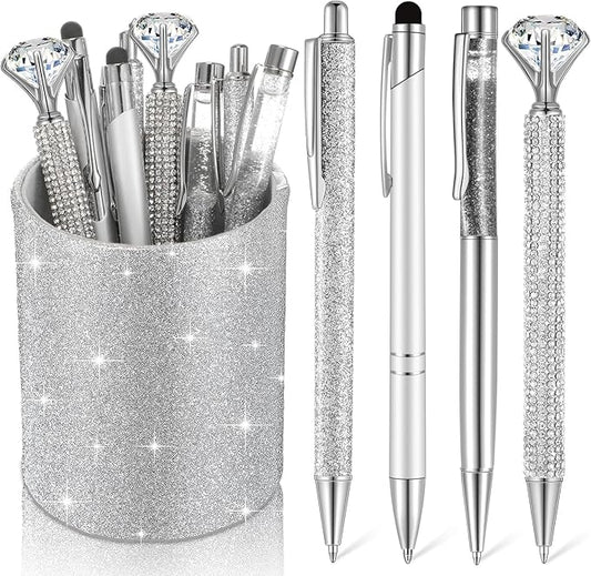 Sabary 8 Pcs Ballpoint Pens with Pen Holder for Desk Metal Crystal Diamond Pen Glitter Pencil Holder Fancy Pens Black Ink Bling Desk Organizer for Women Girls Office School Wedding Gifts (Silver)