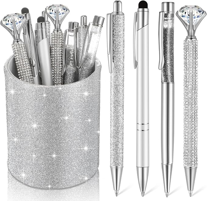 Sabary 8 Pcs Ballpoint Pens with Pen Holder for Desk Glitter Crystal Diamond Fancy Pencil Holder Bling Desk Organizer Cute Stationery Supplies for Women Girls Wedding Office School Gifts(Silver)