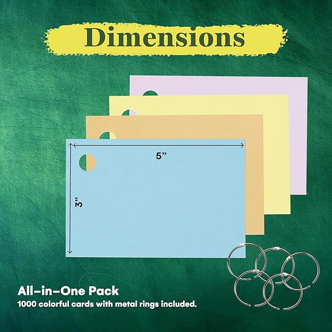 Star Right Assorted Colored Blank Flash Cards - 3x5 inches Blank Index Note Cards, Flash Cards Blank, 1000 Pre Hole Punched with Metal Binder Rings, Blank Flashcards for GMT Prep, Math, Language